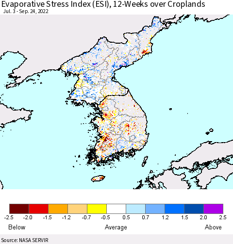 Korea Evaporative Stress Index (ESI), 12-Weeks over Croplands Thematic Map For 9/19/2022 - 9/25/2022