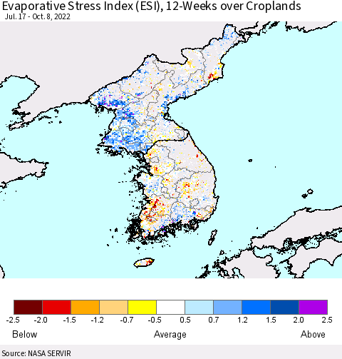 Korea Evaporative Stress Index (ESI), 12-Weeks over Croplands Thematic Map For 10/3/2022 - 10/9/2022