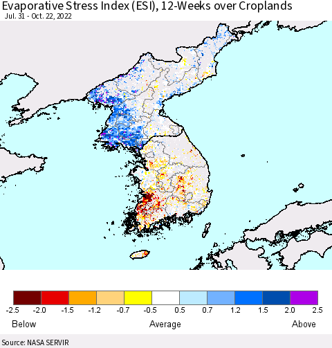 Korea Evaporative Stress Index (ESI), 12-Weeks over Croplands Thematic Map For 10/17/2022 - 10/23/2022