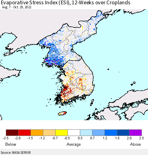 Korea Evaporative Stress Index (ESI), 12-Weeks over Croplands Thematic Map For 10/24/2022 - 10/30/2022