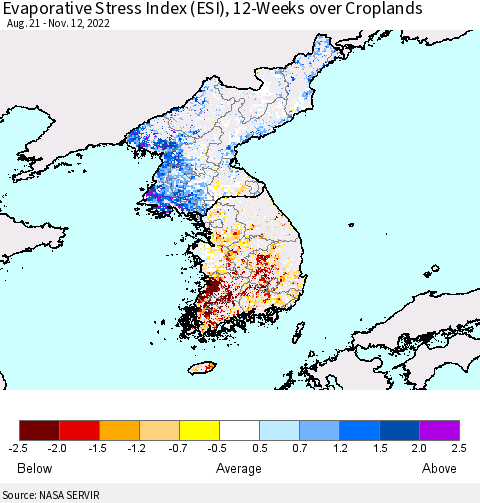Korea Evaporative Stress Index (ESI), 12-Weeks over Croplands Thematic Map For 11/7/2022 - 11/13/2022
