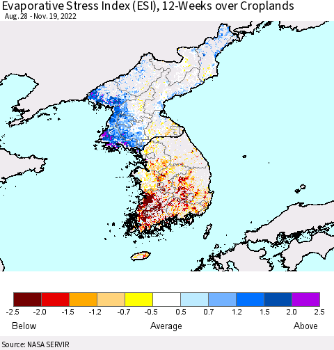 Korea Evaporative Stress Index (ESI), 12-Weeks over Croplands Thematic Map For 11/14/2022 - 11/20/2022