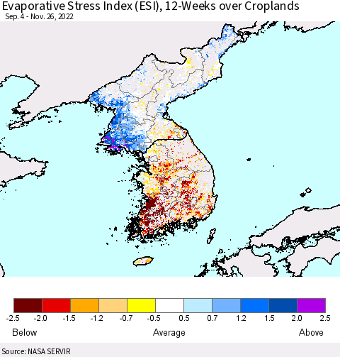 Korea Evaporative Stress Index (ESI), 12-Weeks over Croplands Thematic Map For 11/21/2022 - 11/27/2022
