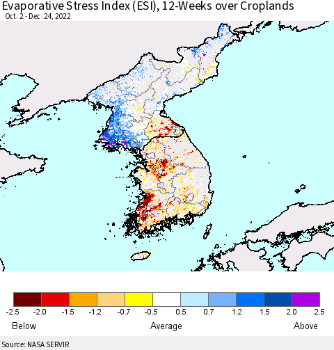 Korea Evaporative Stress Index (ESI), 12-Weeks over Croplands Thematic Map For 12/19/2022 - 12/25/2022