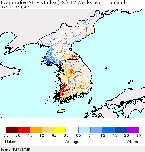 Korea Evaporative Stress Index (ESI), 12-Weeks over Croplands Thematic Map For 12/26/2022 - 1/1/2023