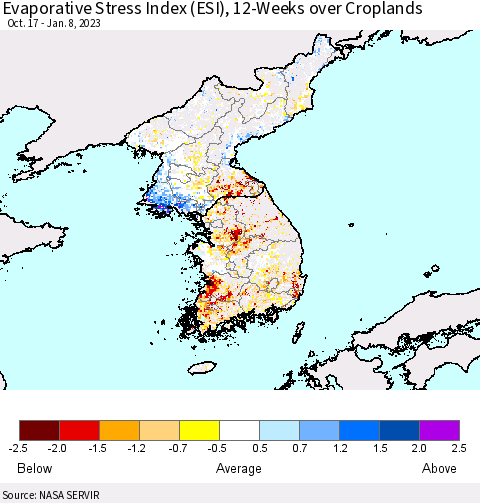Korea Evaporative Stress Index (ESI), 12-Weeks over Croplands Thematic Map For 1/2/2023 - 1/8/2023