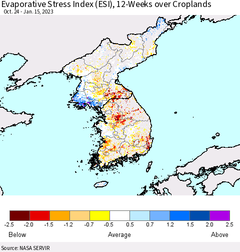 Korea Evaporative Stress Index (ESI), 12-Weeks over Croplands Thematic Map For 1/9/2023 - 1/15/2023