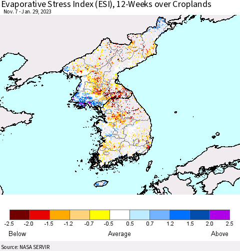 Korea Evaporative Stress Index (ESI), 12-Weeks over Croplands Thematic Map For 1/23/2023 - 1/29/2023