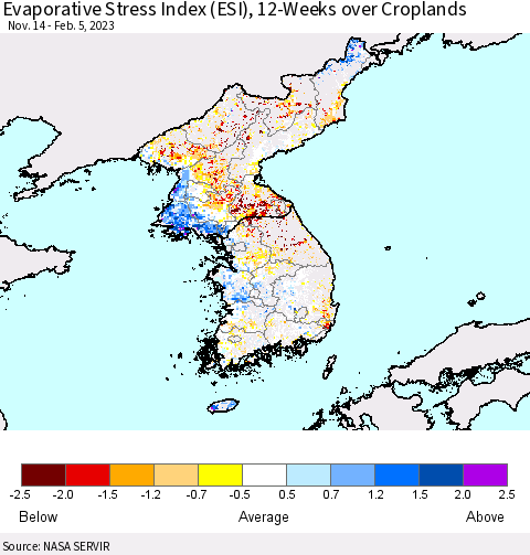 Korea Evaporative Stress Index (ESI), 12-Weeks over Croplands Thematic Map For 1/30/2023 - 2/5/2023