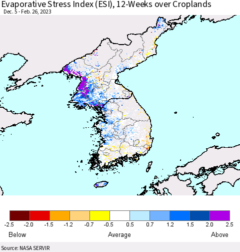 Korea Evaporative Stress Index (ESI), 12-Weeks over Croplands Thematic Map For 2/20/2023 - 2/26/2023