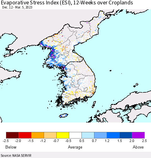 Korea Evaporative Stress Index (ESI), 12-Weeks over Croplands Thematic Map For 2/27/2023 - 3/5/2023