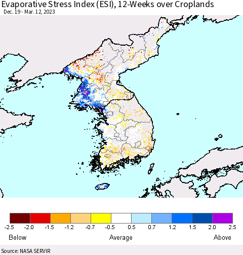 Korea Evaporative Stress Index (ESI), 12-Weeks over Croplands Thematic Map For 3/6/2023 - 3/12/2023