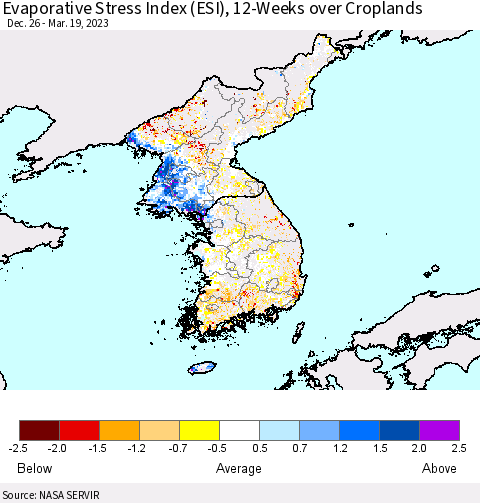 Korea Evaporative Stress Index (ESI), 12-Weeks over Croplands Thematic Map For 3/13/2023 - 3/19/2023