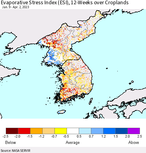 Korea Evaporative Stress Index (ESI), 12-Weeks over Croplands Thematic Map For 3/27/2023 - 4/2/2023