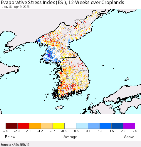 Korea Evaporative Stress Index (ESI), 12-Weeks over Croplands Thematic Map For 4/3/2023 - 4/9/2023