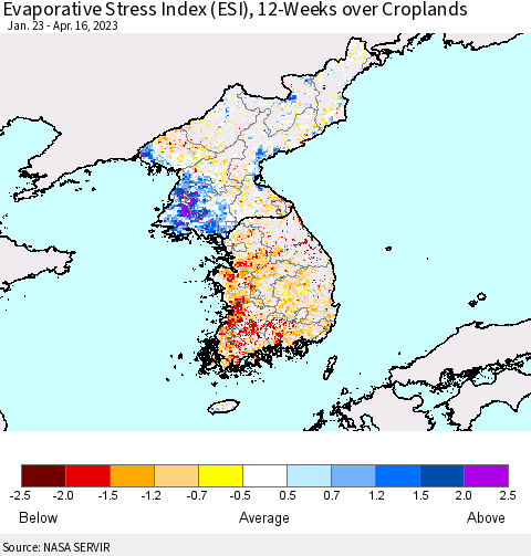 Korea Evaporative Stress Index (ESI), 12-Weeks over Croplands Thematic Map For 4/10/2023 - 4/16/2023
