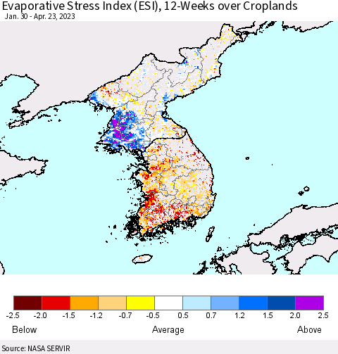Korea Evaporative Stress Index (ESI), 12-Weeks over Croplands Thematic Map For 4/17/2023 - 4/23/2023