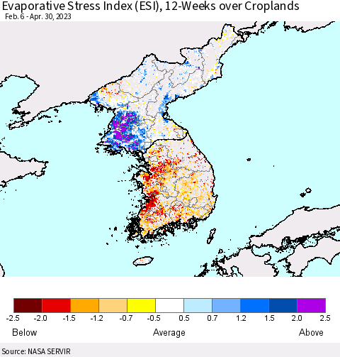 Korea Evaporative Stress Index (ESI), 12-Weeks over Croplands Thematic Map For 4/24/2023 - 4/30/2023