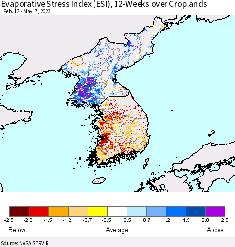 Korea Evaporative Stress Index (ESI), 12-Weeks over Croplands Thematic Map For 5/1/2023 - 5/7/2023