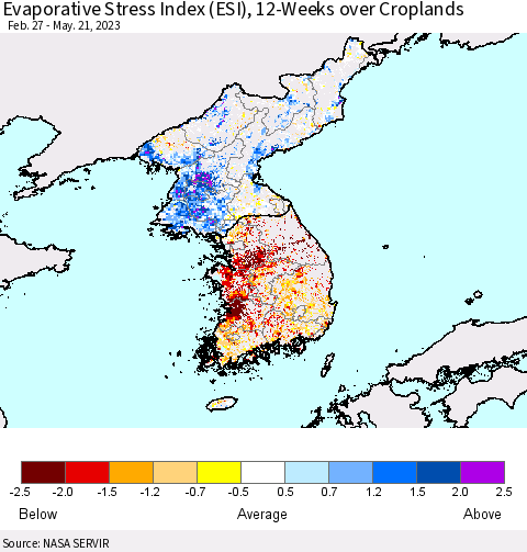 Korea Evaporative Stress Index (ESI), 12-Weeks over Croplands Thematic Map For 5/15/2023 - 5/21/2023