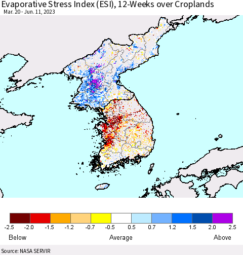 Korea Evaporative Stress Index (ESI), 12-Weeks over Croplands Thematic Map For 6/5/2023 - 6/11/2023