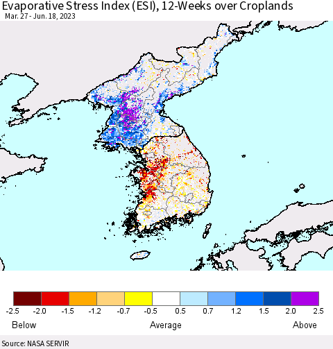 Korea Evaporative Stress Index (ESI), 12-Weeks over Croplands Thematic Map For 6/12/2023 - 6/18/2023