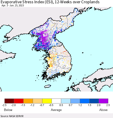 Korea Evaporative Stress Index (ESI), 12-Weeks over Croplands Thematic Map For 6/19/2023 - 6/25/2023