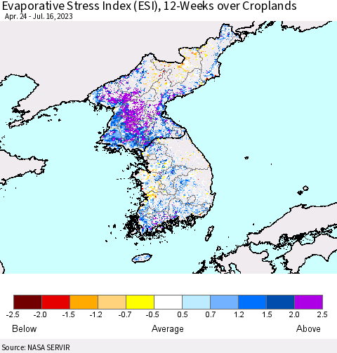 Korea Evaporative Stress Index (ESI), 12-Weeks over Croplands Thematic Map For 7/10/2023 - 7/16/2023