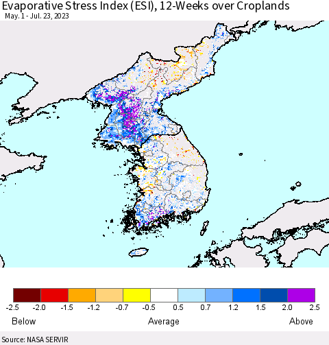 Korea Evaporative Stress Index (ESI), 12-Weeks over Croplands Thematic Map For 7/17/2023 - 7/23/2023