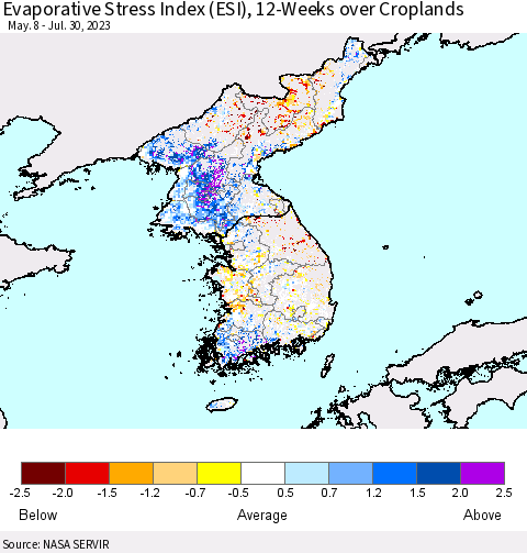 Korea Evaporative Stress Index (ESI), 12-Weeks over Croplands Thematic Map For 7/24/2023 - 7/30/2023