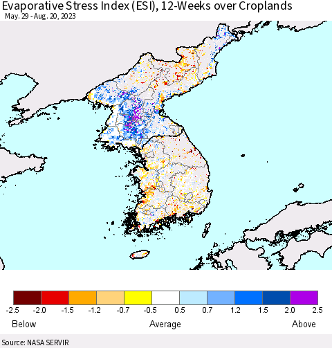 Korea Evaporative Stress Index (ESI), 12-Weeks over Croplands Thematic Map For 8/14/2023 - 8/20/2023
