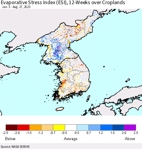 Korea Evaporative Stress Index (ESI), 12-Weeks over Croplands Thematic Map For 8/21/2023 - 8/27/2023