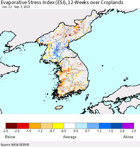 Korea Evaporative Stress Index (ESI), 12-Weeks over Croplands Thematic Map For 8/28/2023 - 9/3/2023