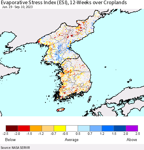 Korea Evaporative Stress Index (ESI), 12-Weeks over Croplands Thematic Map For 9/4/2023 - 9/10/2023