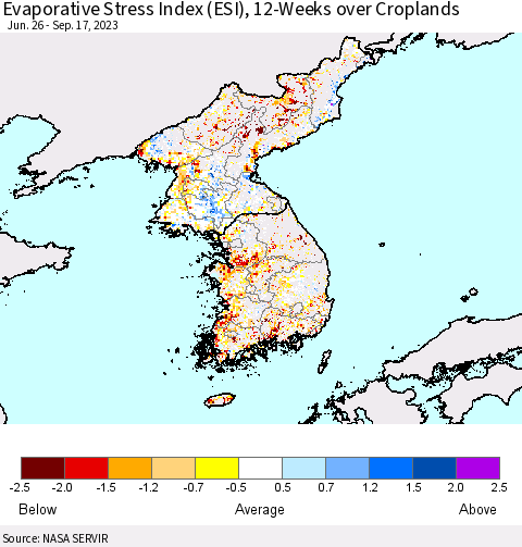 Korea Evaporative Stress Index (ESI), 12-Weeks over Croplands Thematic Map For 9/11/2023 - 9/17/2023