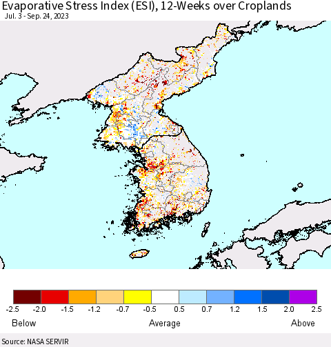 Korea Evaporative Stress Index (ESI), 12-Weeks over Croplands Thematic Map For 9/18/2023 - 9/24/2023