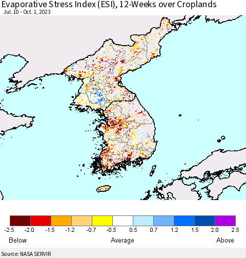Korea Evaporative Stress Index (ESI), 12-Weeks over Croplands Thematic Map For 9/25/2023 - 10/1/2023