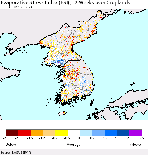 Korea Evaporative Stress Index (ESI), 12-Weeks over Croplands Thematic Map For 10/16/2023 - 10/22/2023