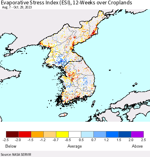 Korea Evaporative Stress Index (ESI), 12-Weeks over Croplands Thematic Map For 10/23/2023 - 10/29/2023
