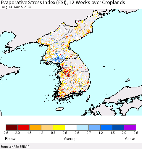 Korea Evaporative Stress Index (ESI), 12-Weeks over Croplands Thematic Map For 10/30/2023 - 11/5/2023
