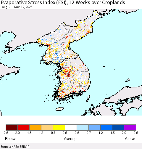 Korea Evaporative Stress Index (ESI), 12-Weeks over Croplands Thematic Map For 11/6/2023 - 11/12/2023