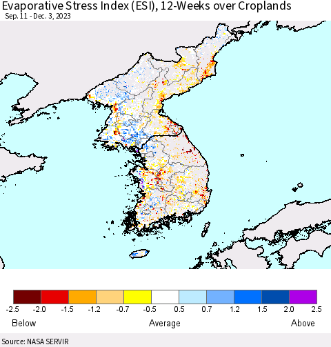 Korea Evaporative Stress Index (ESI), 12-Weeks over Croplands Thematic Map For 11/27/2023 - 12/3/2023