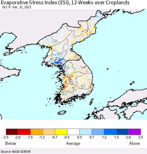 Korea Evaporative Stress Index (ESI), 12-Weeks over Croplands Thematic Map For 12/25/2023 - 12/31/2023
