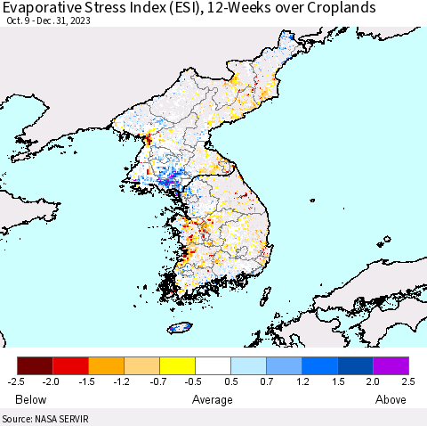 Korea Evaporative Stress Index (ESI), 12-Weeks over Croplands Thematic Map For 1/1/2024 - 1/7/2024