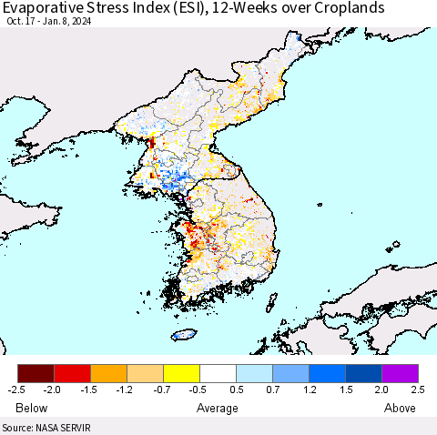 Korea Evaporative Stress Index (ESI), 12-Weeks over Croplands Thematic Map For 1/8/2024 - 1/14/2024