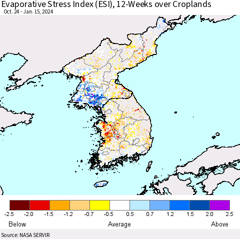Korea Evaporative Stress Index (ESI), 12-Weeks over Croplands Thematic Map For 1/15/2024 - 1/21/2024