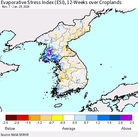 Korea Evaporative Stress Index (ESI), 12-Weeks over Croplands Thematic Map For 1/29/2024 - 2/4/2024