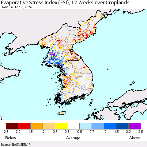 Korea Evaporative Stress Index (ESI), 12-Weeks over Croplands Thematic Map For 2/5/2024 - 2/11/2024