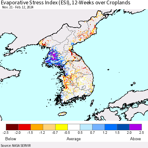 Korea Evaporative Stress Index (ESI), 12-Weeks over Croplands Thematic Map For 2/12/2024 - 2/18/2024
