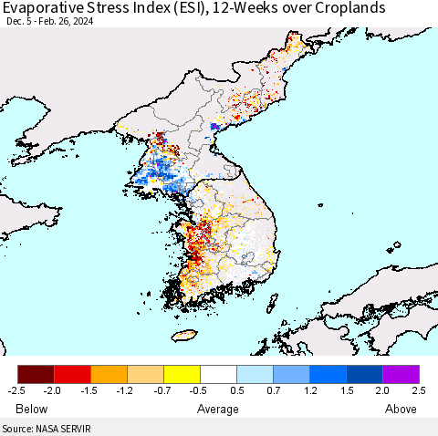 Korea Evaporative Stress Index (ESI), 12-Weeks over Croplands Thematic Map For 2/26/2024 - 3/3/2024